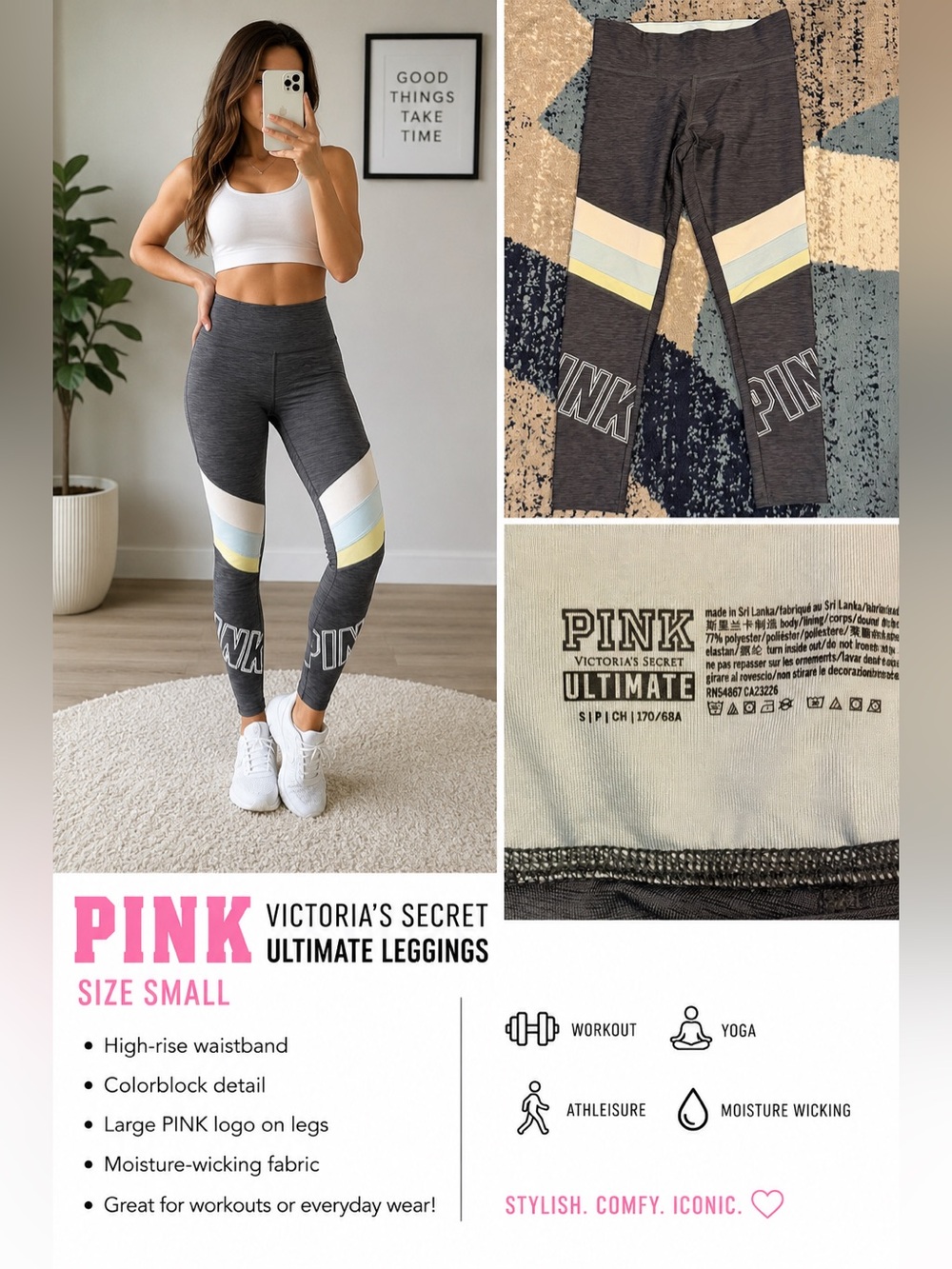 PINK Victoria’s Secret Ultimate Leggings Gray Colorblock Logo Yoga Pants Size S